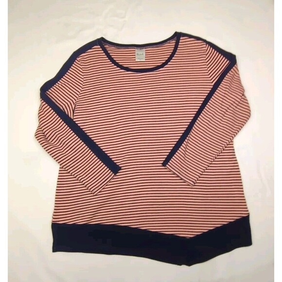 Blair Tops - Blair Women's Blue Pink Asymmetrical Hem Striped 3/4 Sleeve‎ Tshirt Size Medium